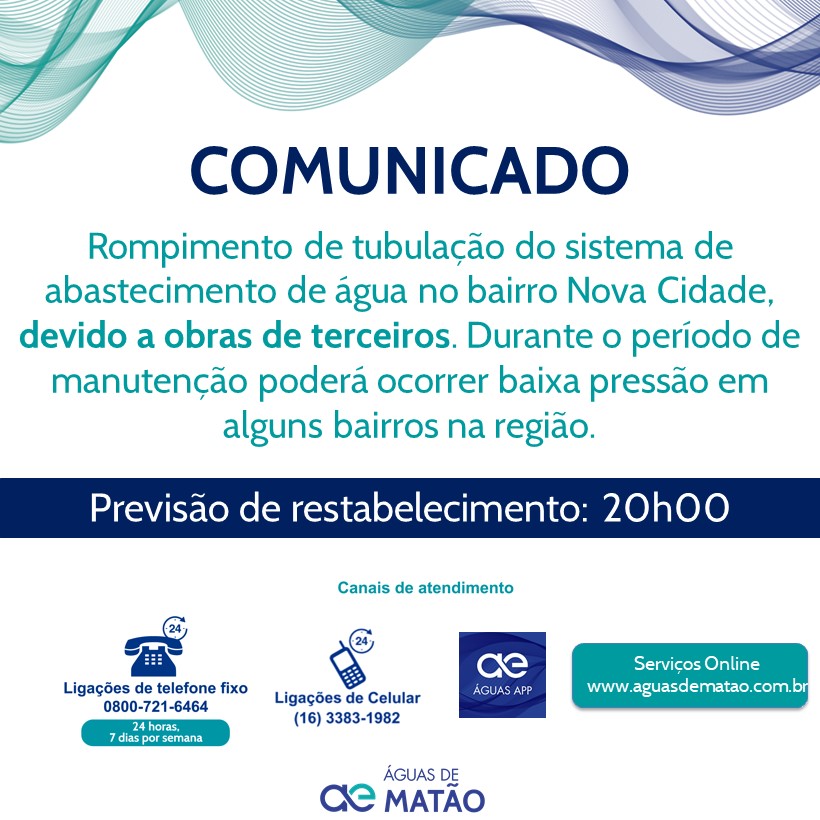 Comunicado – Águas de Matão informa baixa pressão ou desabastecimento pontual na região do Nova Cidade
